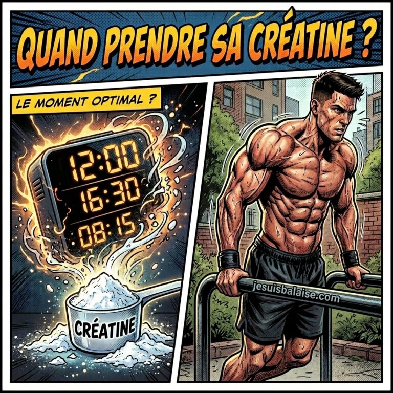 Quand prendre la créatine pour booster tes résultats 2 Bande dessinée explicative sur le meilleur moment pour prendre de la créatine : montre un homme musclé à l'entraînement et une scoop de créatine à côté de plusieurs horaires (8:15, 12:00, 16:30).