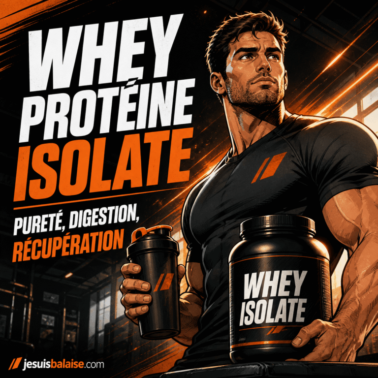 Tout savoir sur la whey protéine isolate pour tes muscles 2 Illustration comic d’un sportif tenant un shaker et un pot de whey protéine isolate pour la musculation, la digestion et la récupération.