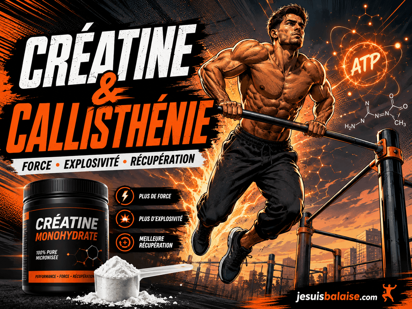 La créatine monohydrate : tout ce qu'un pratiquant de calisthenics doit savoir 2 Athlète de callisthénie au muscle-up avec créatine monohydrate