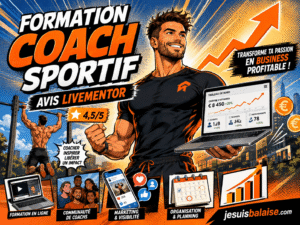 Formation coach sportif LiveMentor : booste ton activité sportive 1 Illustration comic d’un coach sportif entrepreneur présentant la formation LiveMentor pour développer son activité, son marketing et ses revenus.