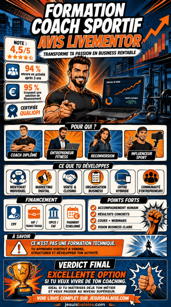 Formation coach sportif LiveMentor : booste ton activité sportive 3 Infographie résumant notre avis sur la formation coach sportif LiveMentor avec note, financement, points forts et verdict final