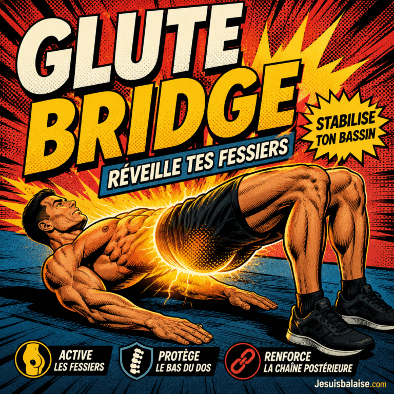 Maîtrise le glute bridge pour des fessiers puissants 2 Homme réalisant un glute bridge en style comic, avec activation des fessiers, stabilisation du bassin et renforcement de la chaîne postérieure.