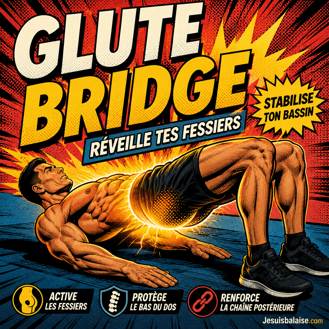 Maîtrise le glute bridge fessiers pour femmes et hommes 2 Homme réalisant un glute bridge en style comic, avec activation des fessiers, stabilisation du bassin et renforcement de la chaîne postérieure.