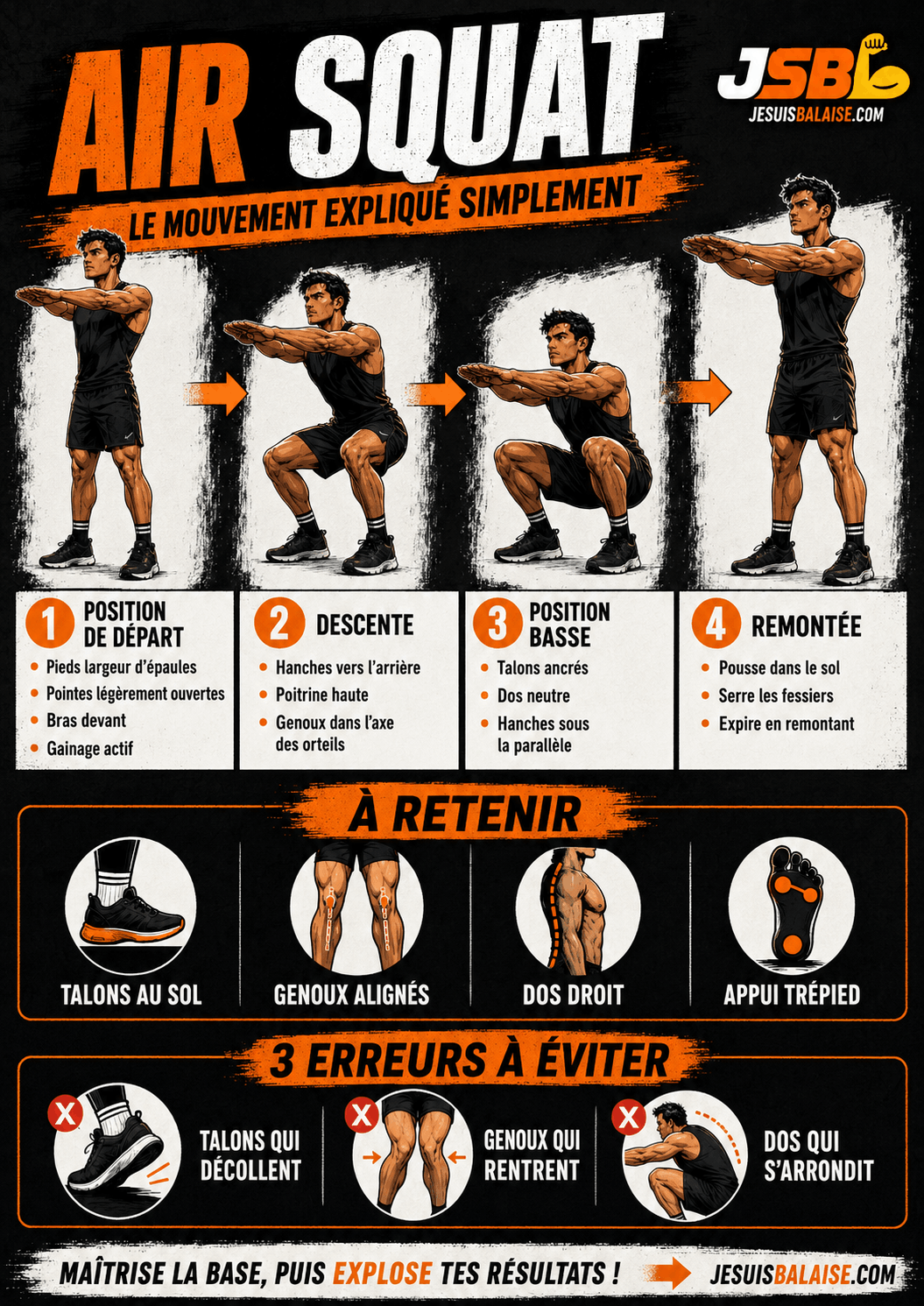 Infographie air squat : technique, muscles et erreurs à éviter Infographie expliquant la technique de l’air squat, les muscles sollicités, les points clés et les erreurs à éviter.