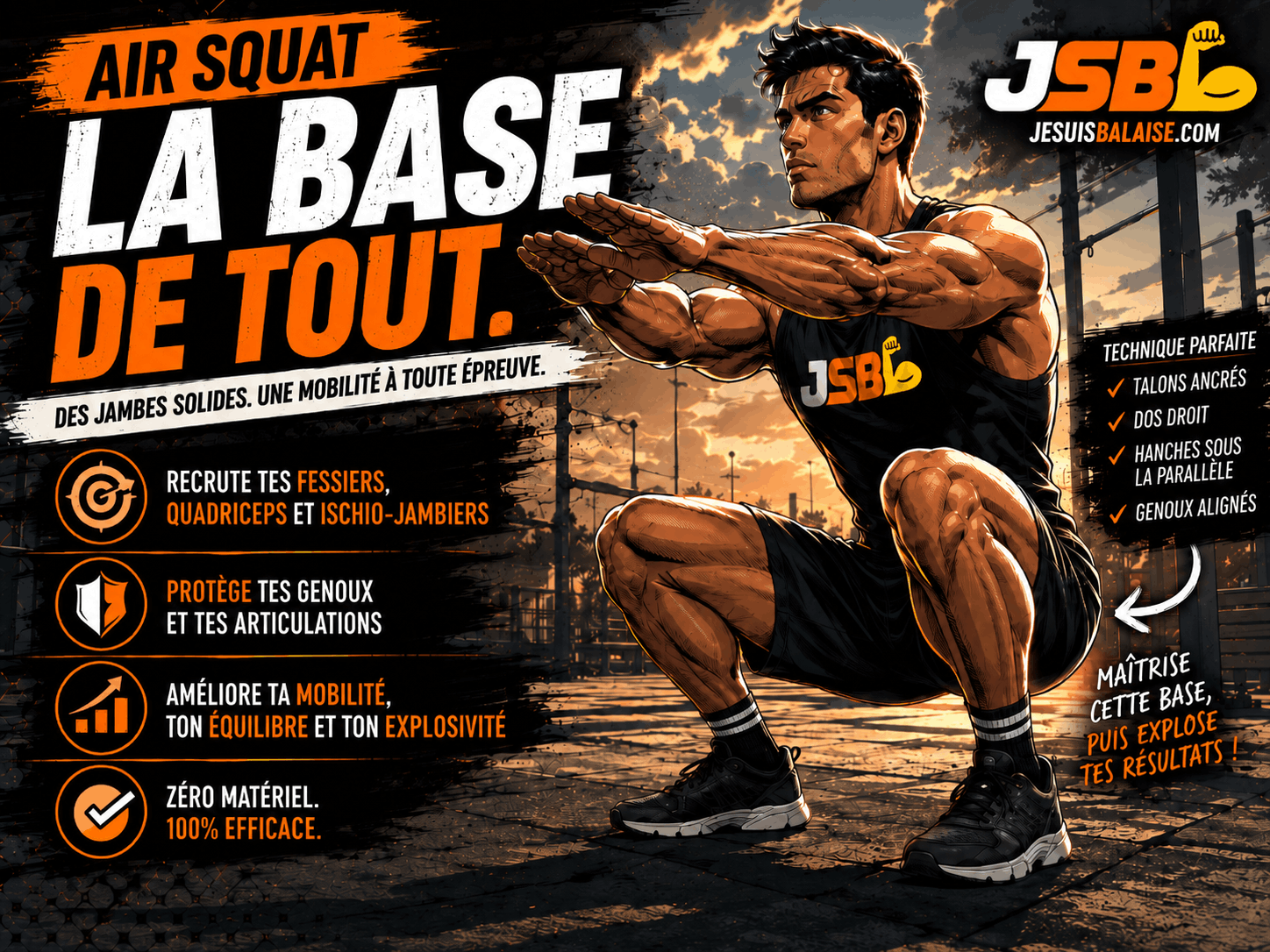 Comment faire un air squat parfait pour muscler tes jambes 2 Athlète en style comic réalisant un air squat profond, talons ancrés et genoux alignés, dans un parc de callisthénie.