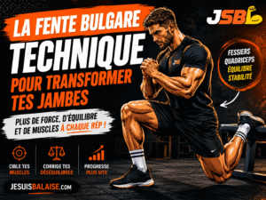 Fente bulgare (squat bulgare) : technique et astuces pour tes jambes 1 Homme en style comic réalisant une fente bulgare sur un banc pour travailler les fessiers, les quadriceps et l’équilibre.