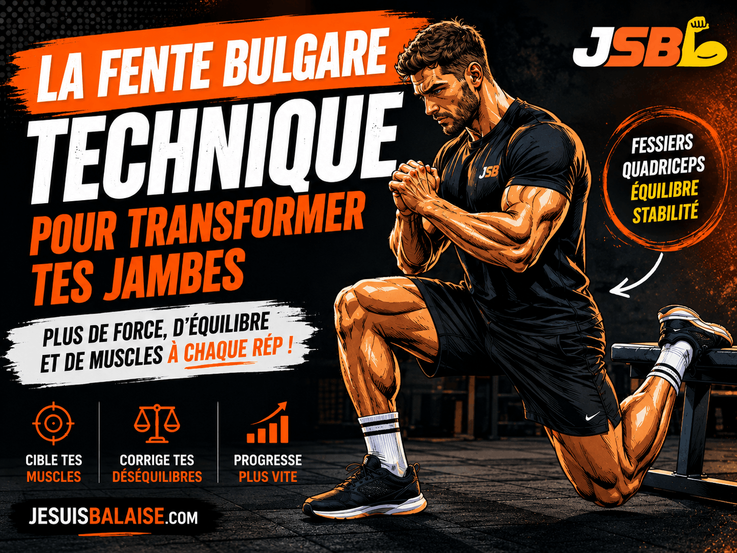 Fente bulgare (squat bulgare) : technique et astuces pour tes jambes 2 Homme en style comic réalisant une fente bulgare sur un banc pour travailler les fessiers, les quadriceps et l’équilibre.