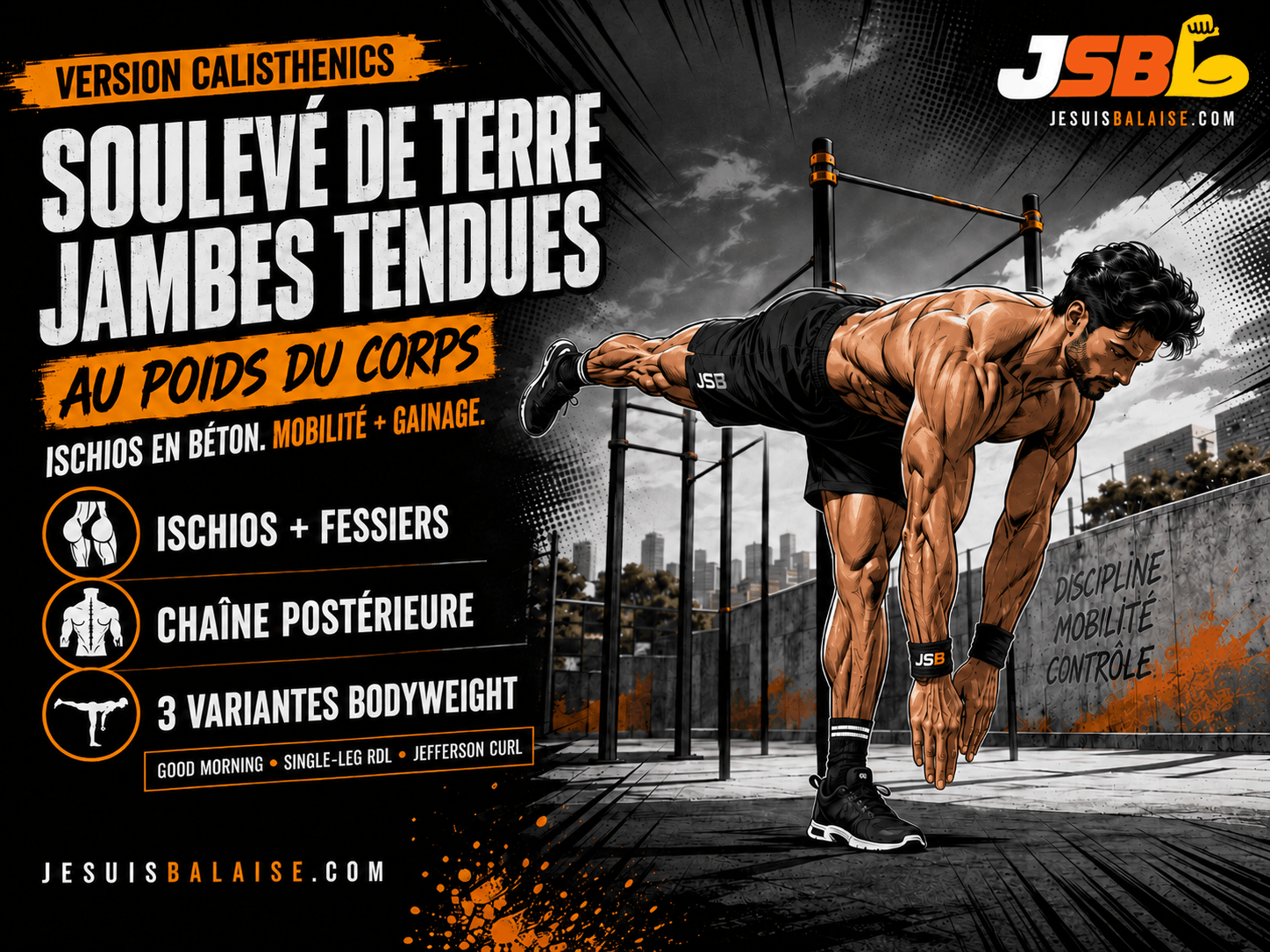 Soulevé de terre jambe tendue sans barre : la version calisthenics 💪 2 Homme en style comic réalisant un soulevé de terre jambes tendues sur une jambe au poids du corps dans un parc de calisthenics.