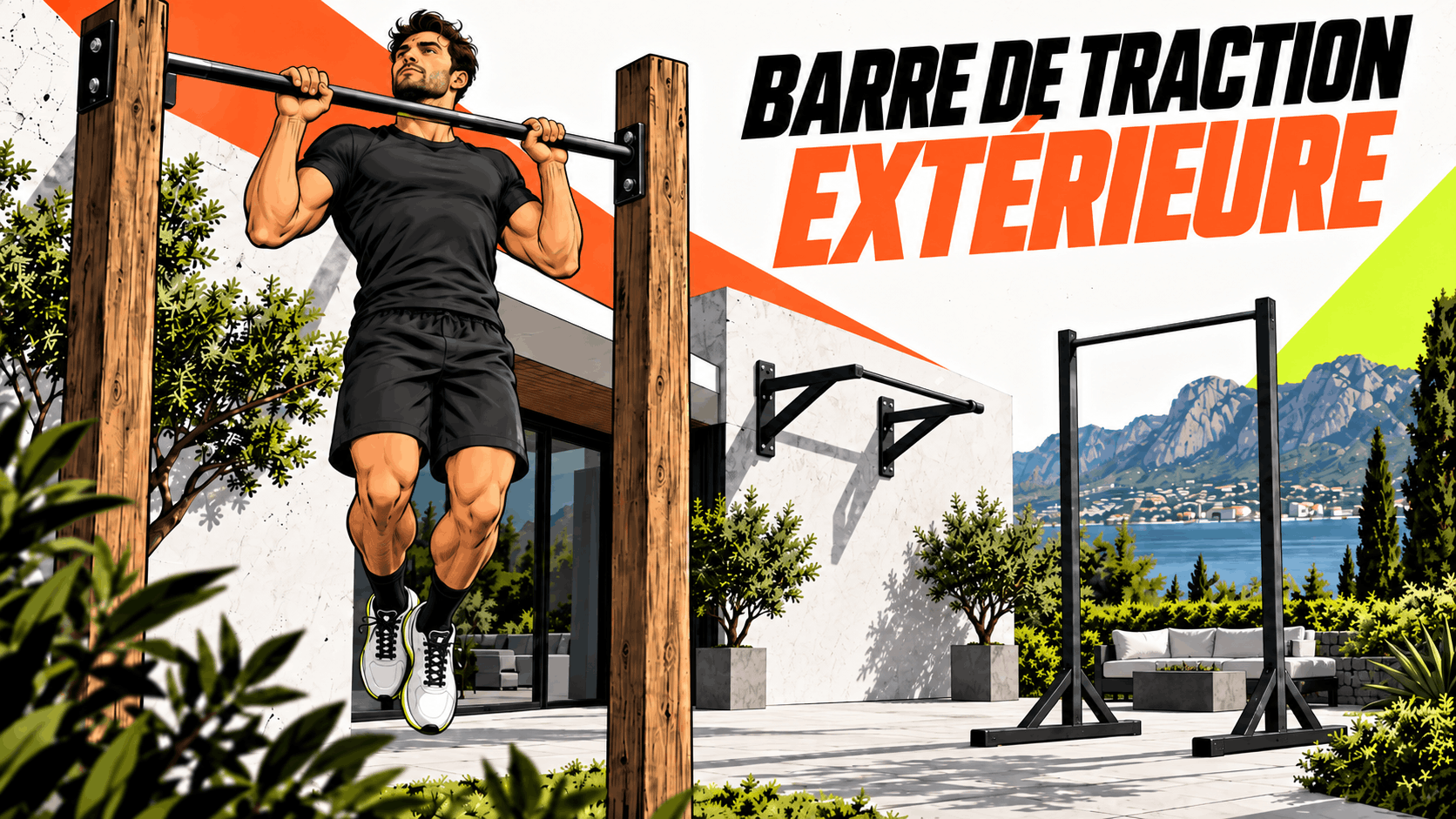 Homme réalisant une traction sur une barre extérieure dans un jardin, avec plusieurs types de barres de traction en arrière-plan