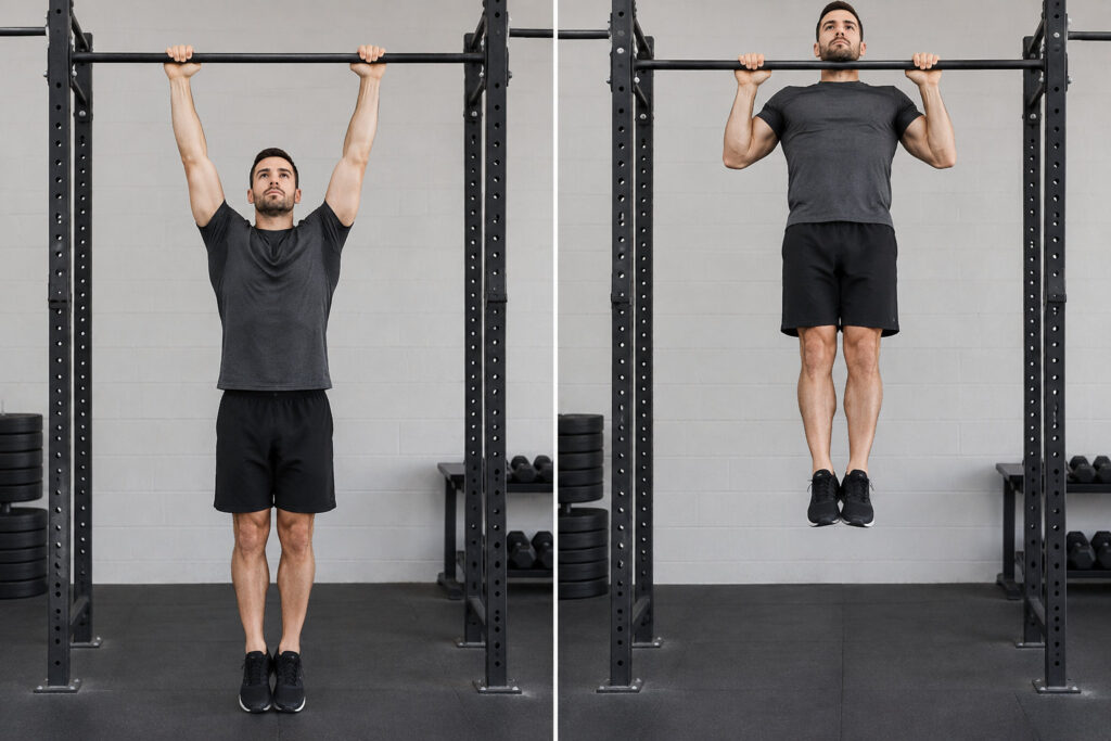Guide complet du street lifting : comment bien débuter ? 3 Une personne réalise une traction stricte, bras tendus en bas puis menton au-dessus de la barre.