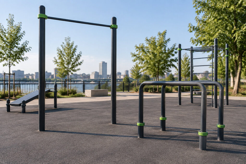 Guide complet du street lifting : comment bien débuter ? 5 Une aire extérieure de street workout avec une barre de traction, des barres parallèles et un sol dégagé.