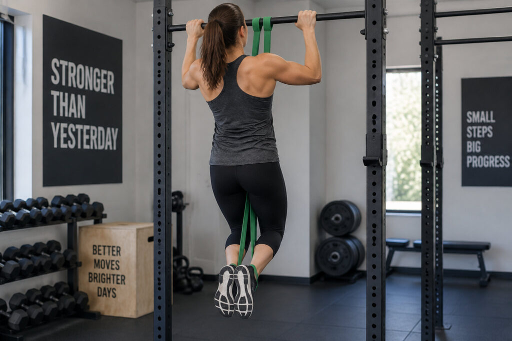 Guide complet du street lifting : comment bien débuter ? 6 Une personne débutante s’entraîne à la barre avec un élastique d’assistance.