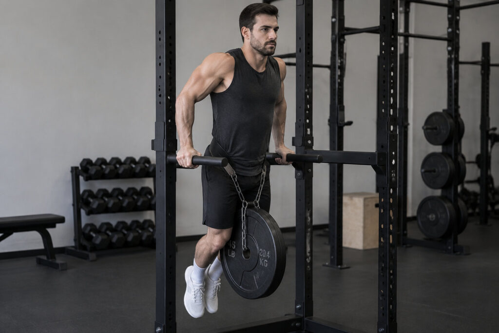 Guide complet du street lifting : comment bien débuter ? 7 Un pratiquant réalise un dip lesté avec un disque suspendu à une ceinture et le tronc stable.