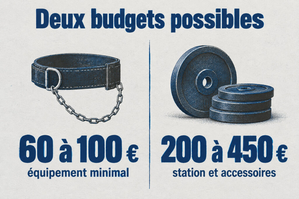 Guide complet du street lifting : comment bien débuter ? 4 Un duel de budgets indique 60 à 100 € pour un équipement minimal et 200 à 450 € pour une station et des accessoires.
