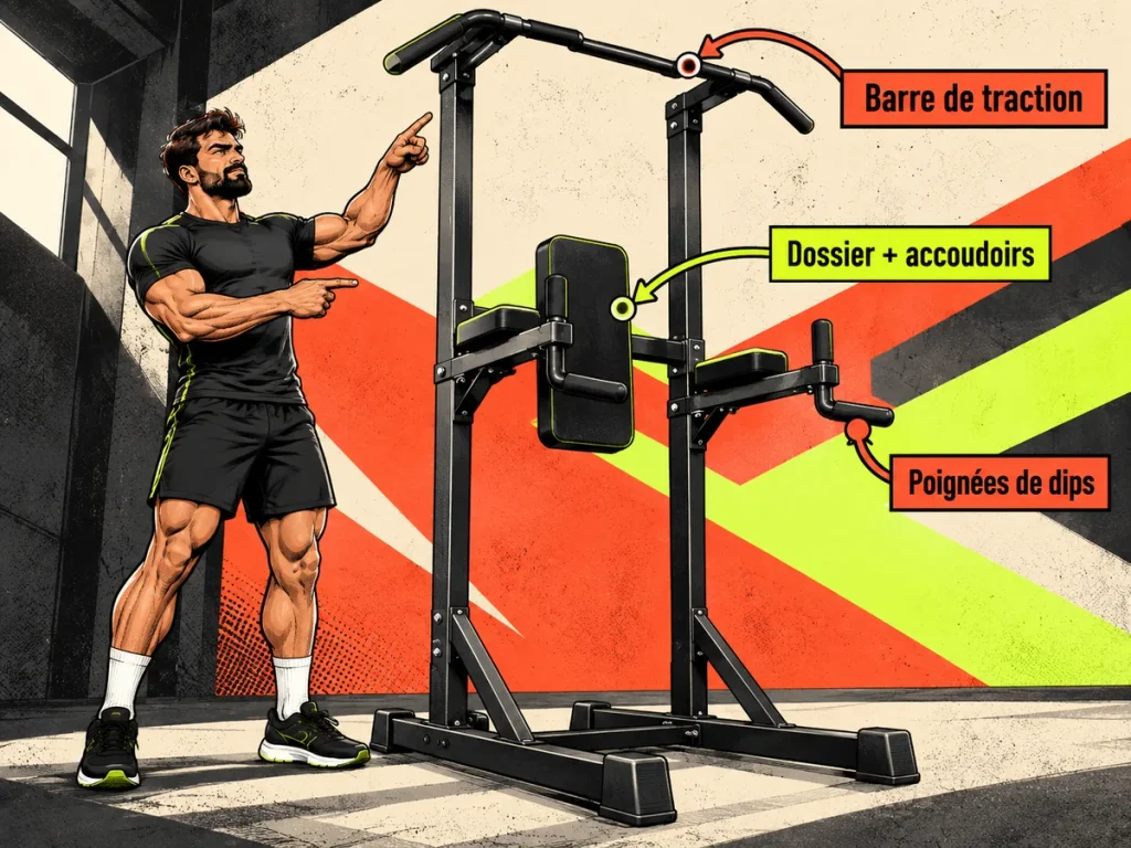 Chaise romaine : barre de traction, dips et accoudoirs Schéma d’une chaise romaine montrant la barre de traction, les poignées de dips, le dossier et les accoudoirs.