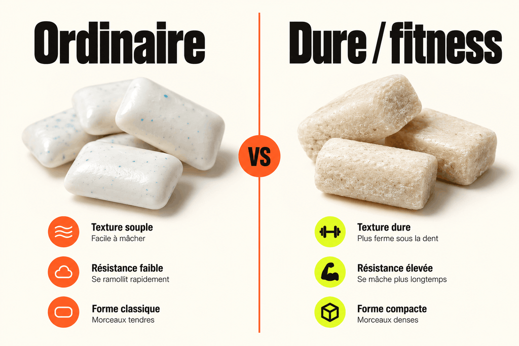 Chewing-gum classique ou gomme fitness : les différences Comparaison entre des chewing-gums ordinaires et des gommes dures dites fitness utilisées pour solliciter la mâchoire.