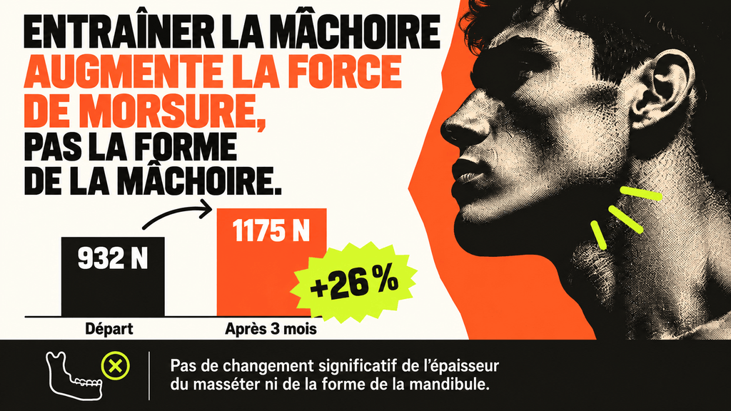 Entraînement de la mâchoire : +26 % de force de morsure Infographie montrant une augmentation de 26 % de la force de morsure, de 932 à 1 175 newtons en trois mois.