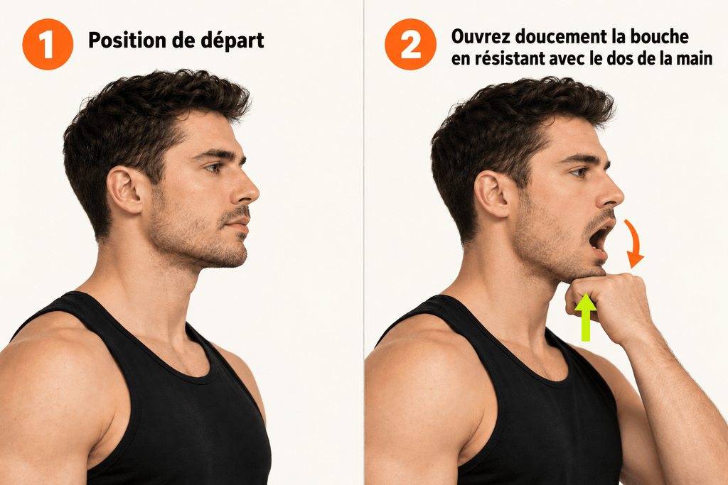 Exercice de mâchoire : ouverture contre résistance légère Homme montrant deux étapes d'un exercice de mâchoire : position de départ et ouverture douce contre la résistance de la main.