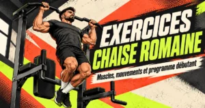 Les exercices à la chaise romaine, muscle par muscle 2 Illustration comic d’un sportif réalisant une traction sur une chaise romaine, avec le titre Exercices chaise romaine.