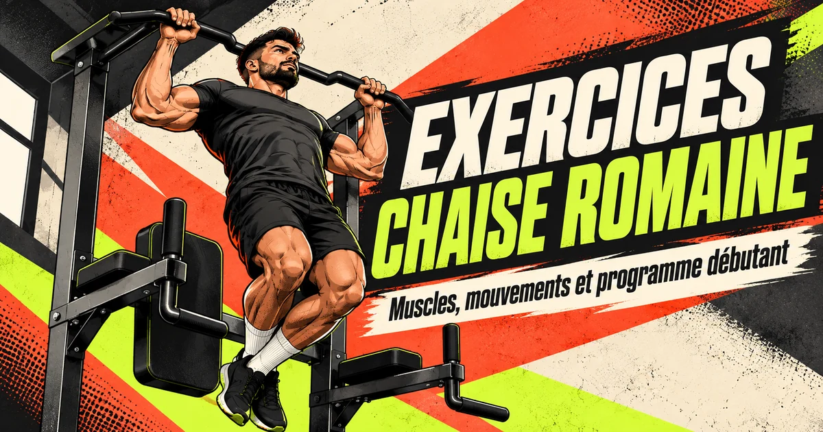 Les exercices à la chaise romaine, muscle par muscle 2 Illustration comic d’un sportif réalisant une traction sur une chaise romaine, avec le titre Exercices chaise romaine.