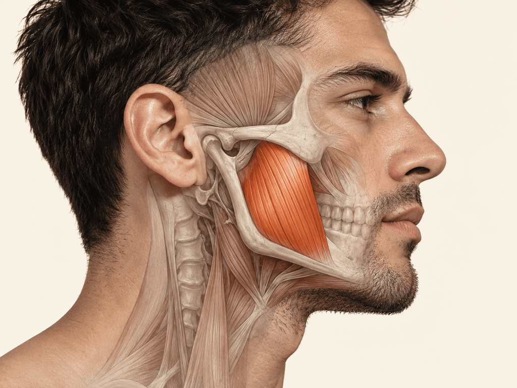 Muscle masséter : localisation et anatomie de la mâchoire Vue anatomique de profil d'un homme montrant le muscle masséter en orange, entre la pommette et la mandibule.