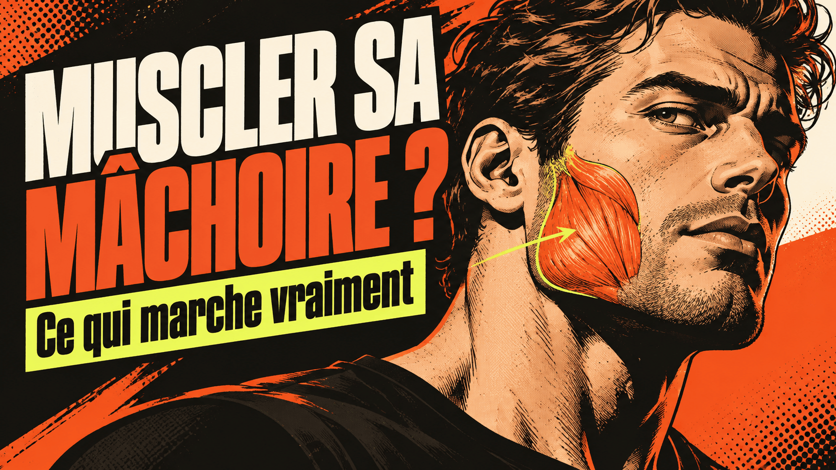 Comment muscler sa mâchoire : exercices, gommes et ce qui ne sert à rien 2 Illustration d'un homme avec le muscle masséter mis en évidence pour expliquer comment muscler sa mâchoire.
