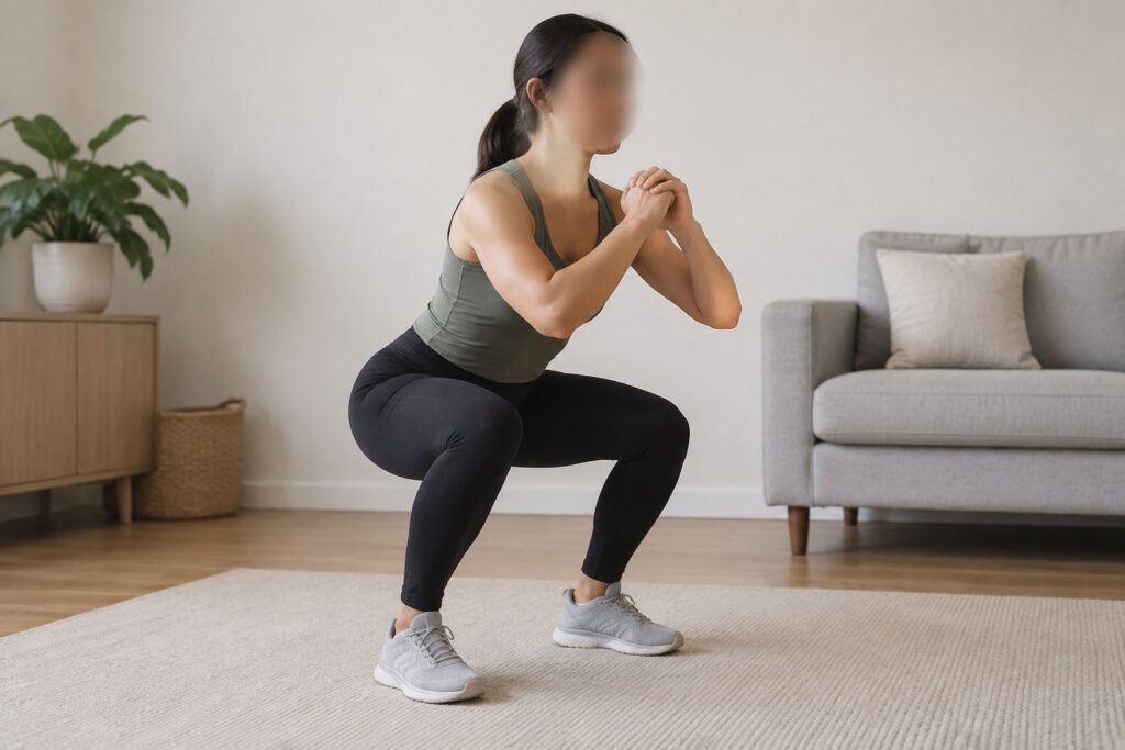 Exercices pour les quadriceps sans matériel, à ton niveau 4 Une femme en tenue de sport effectue un squat sur un tapis dans un salon.
