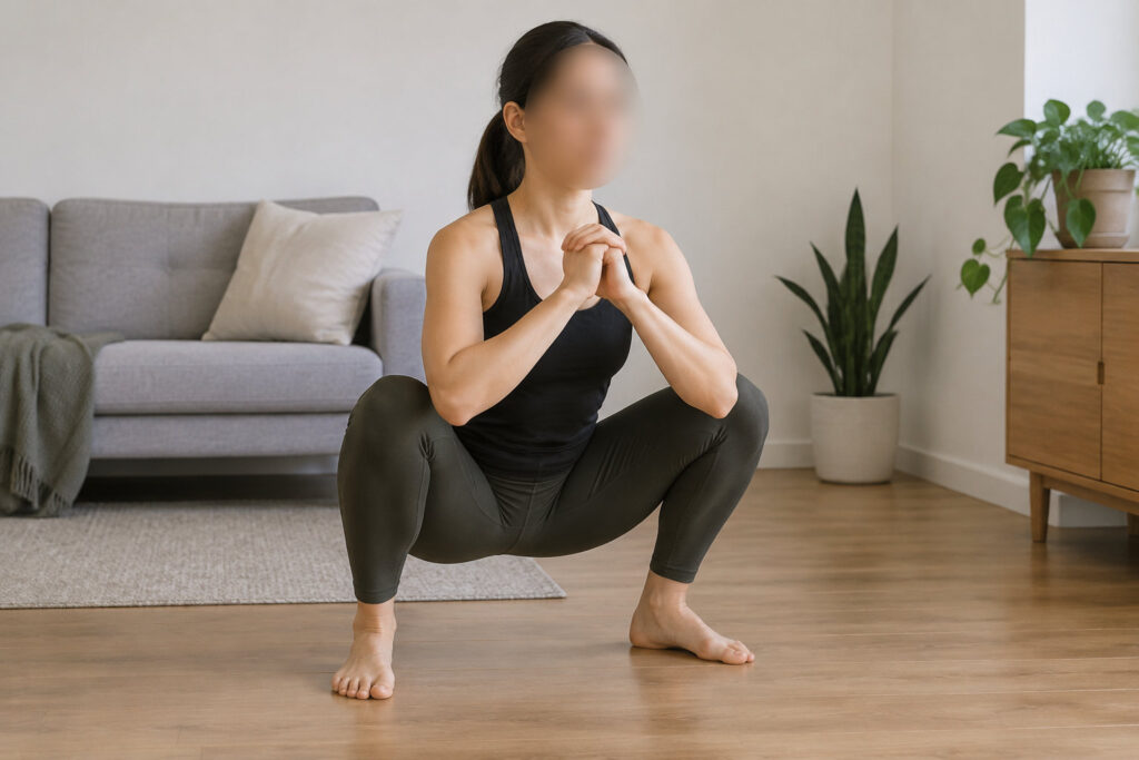 Exercices pour les quadriceps sans matériel, à ton niveau 6 Une femme en tenue de sport effectue un squat profond, les mains jointes devant la poitrine, dans un salon avec un canapé et des plantes.