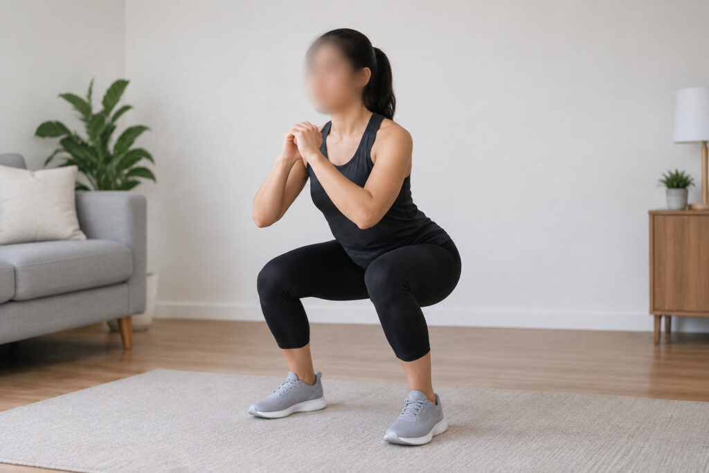 Exercices pour les quadriceps sans matériel, à ton niveau 7 Une femme en tenue de sport effectue un squat dans un salon, sur un tapis.