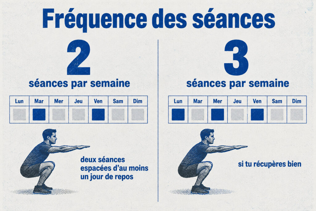Exercices pour les quadriceps sans matériel, à ton niveau 3 Un calendrier compare deux séances de quadriceps par semaine, espacées d’au moins un jour de repos, à trois séances si la récupération est bonne.