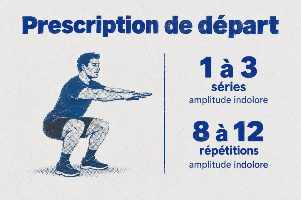 Exercices pour les quadriceps sans matériel, à ton niveau 5 La prescription de départ est de 1 à 3 séries de 8 à 12 répétitions dans une amplitude indolore.