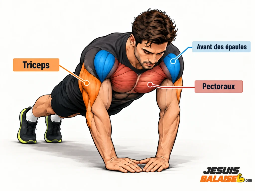 Illustration anatomique des muscles sollicités pendant une pompe diamant : triceps, pectoraux et avant des épaules.